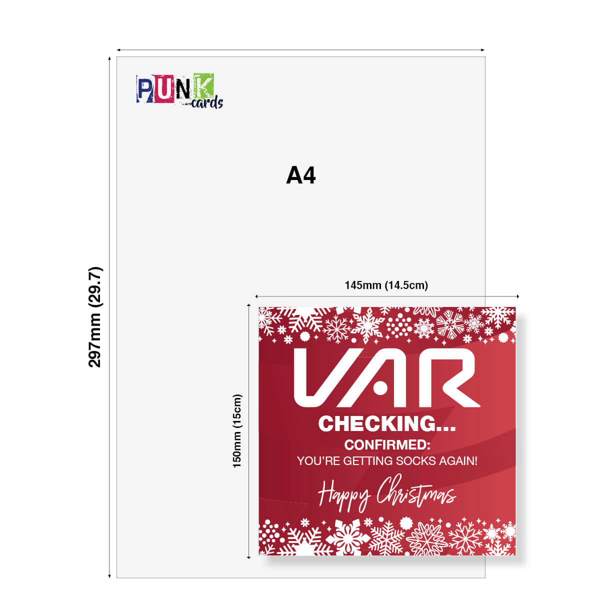 A4 size card with 'VAR Checking... Checking... You're Getting Socks Again! Happy Christmas' text on a red background.