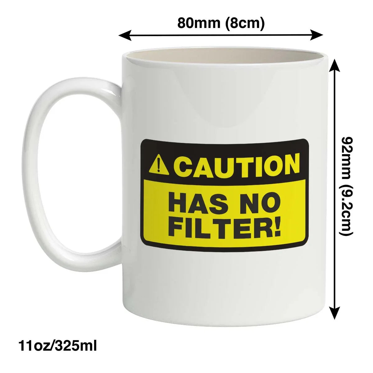 White mug with a yellow and black caution label and measurements on a white background