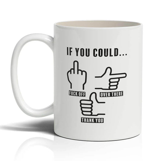 White mug with black text and hand gestures on a white background