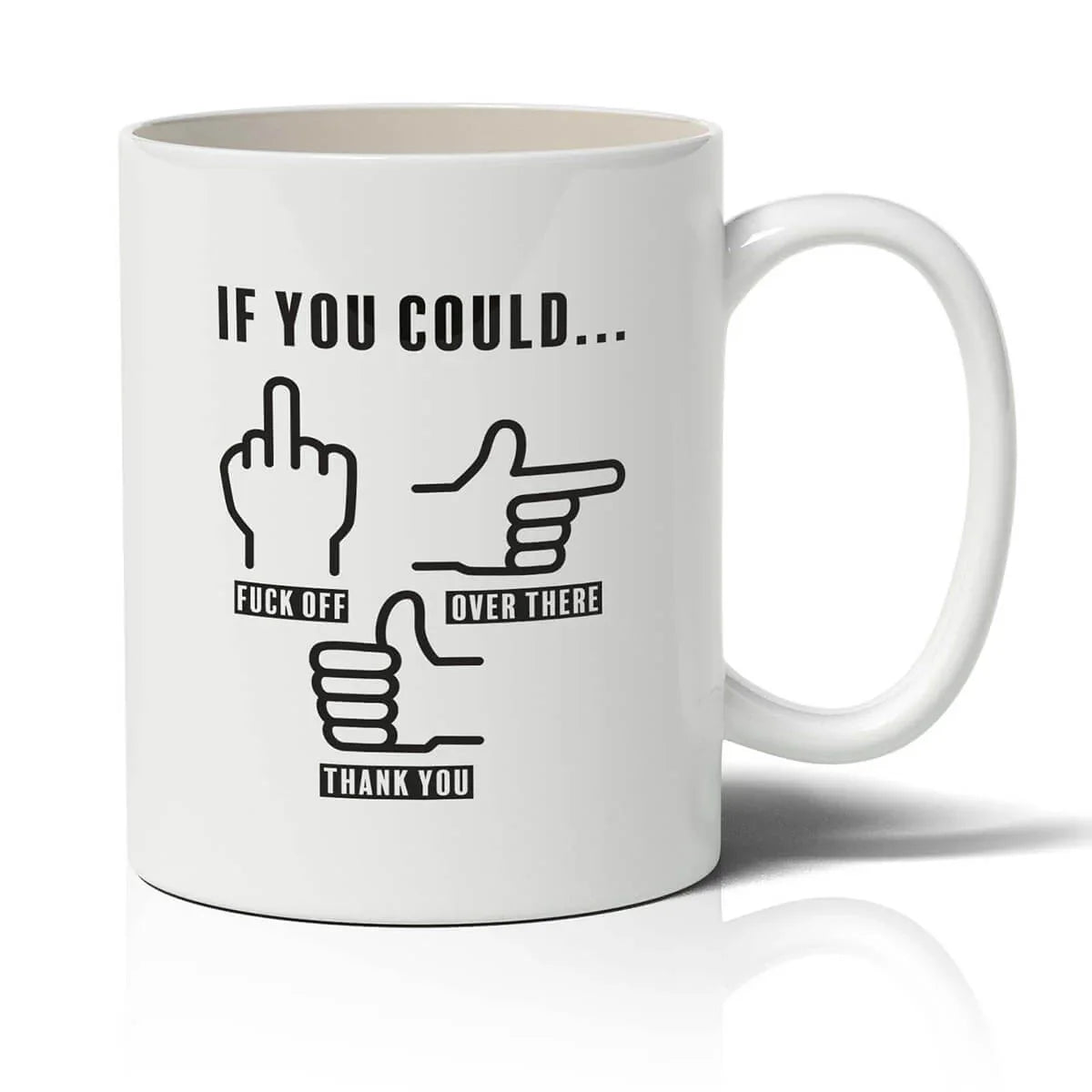 White mug with black text and hand gestures on a white background