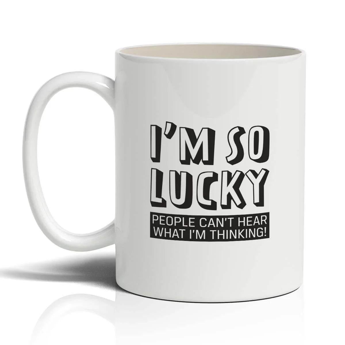 White mug with humorous text design on a white background