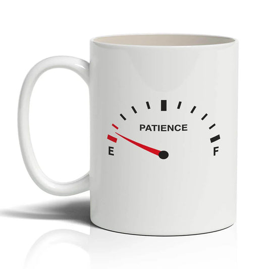 White mug with a 'Patience' gauge design on a white background