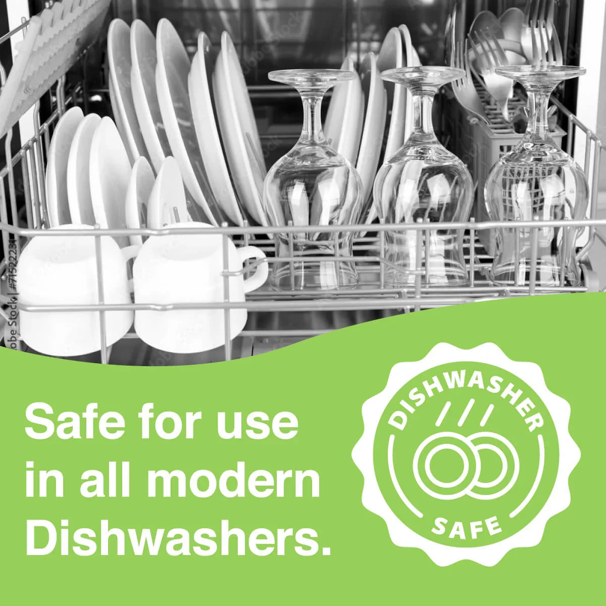 Dishwasher with clean cutlery and glasses, featuring a 'Dishwasher Safe' label.
