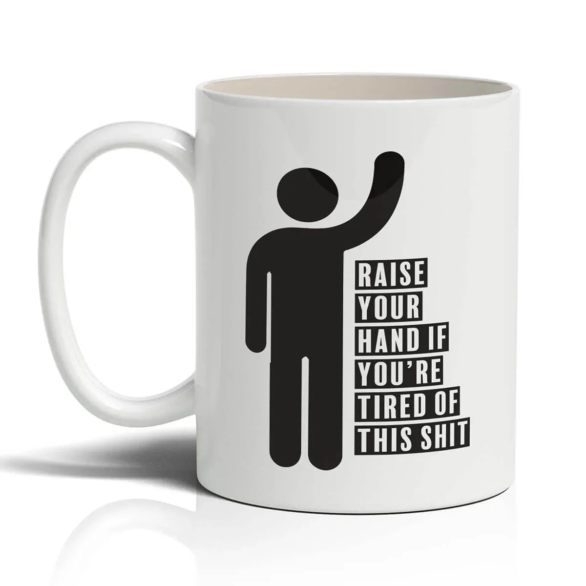 White mug with black silhouette and text on a white background