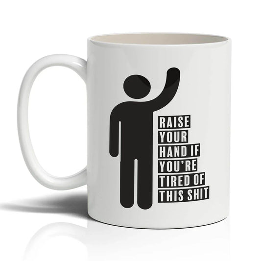 White mug with black silhouette and text on a white background