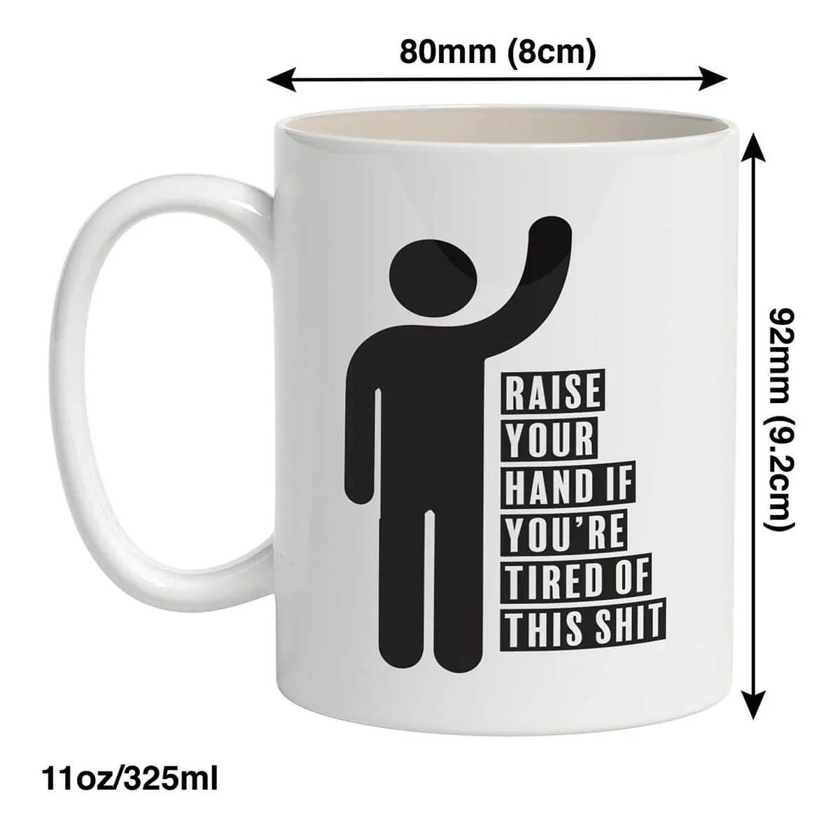 White mug with black text and graphic, dimensions shown