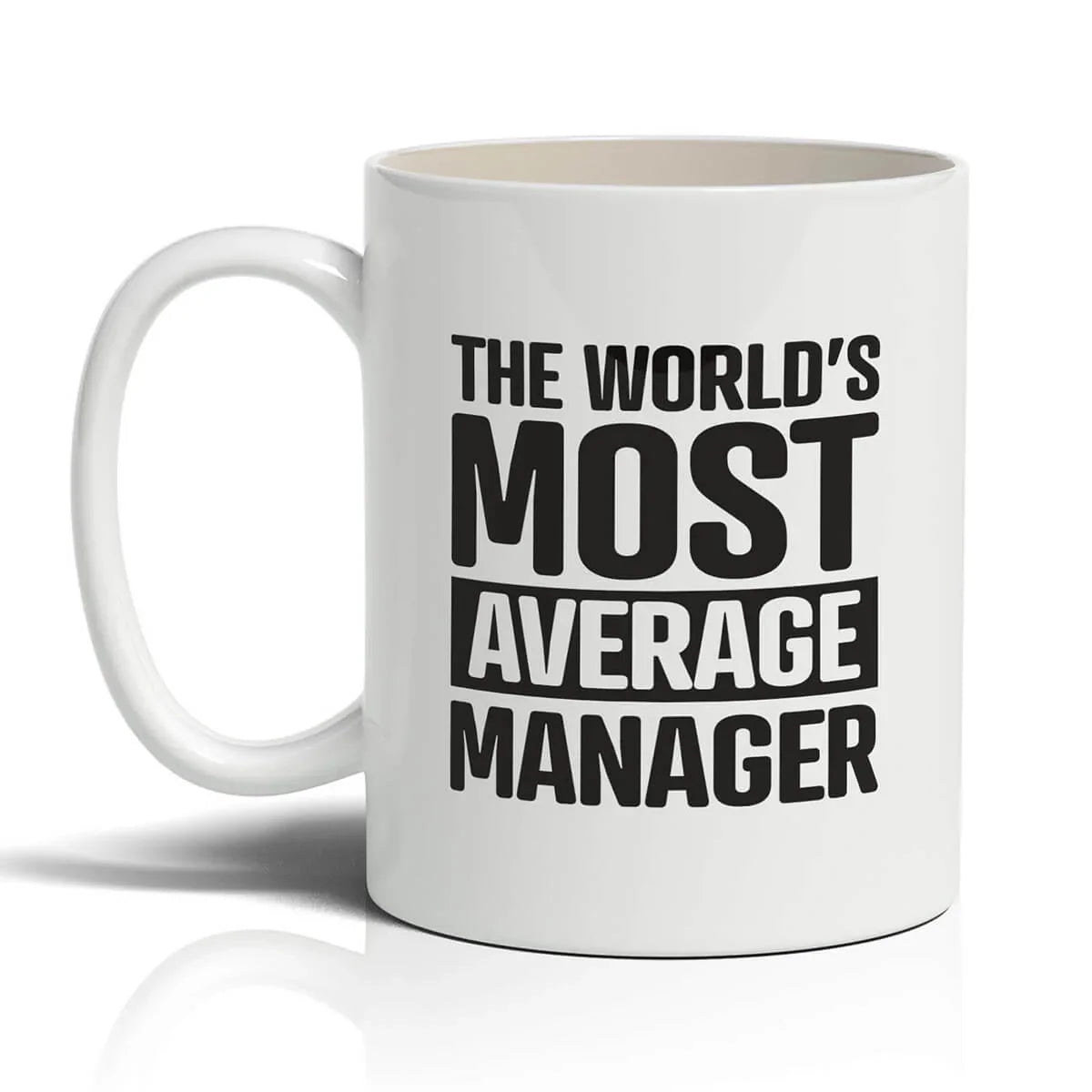 Funny white mug with bold black text reading 'The world's most average manager', novelty gift