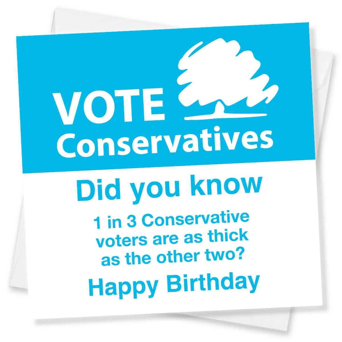 Political-themed birthday card with 'Vote Conservatives' and humorous text on a blue and white background.