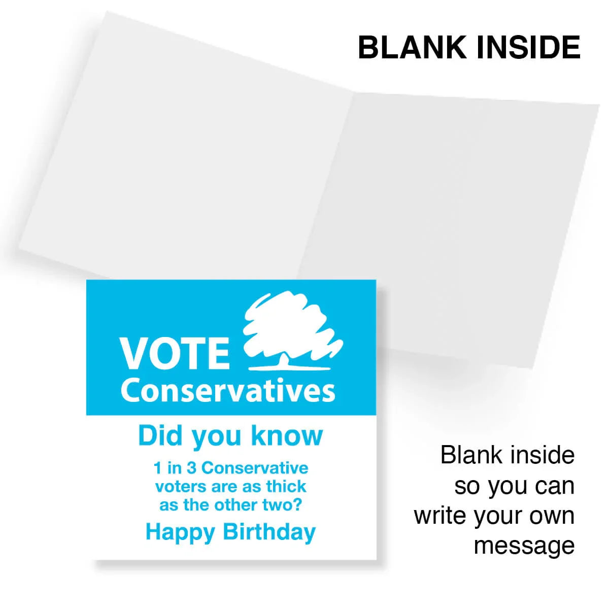 Greeting card with blue and white design and text, featuring a tree graphic and political message.