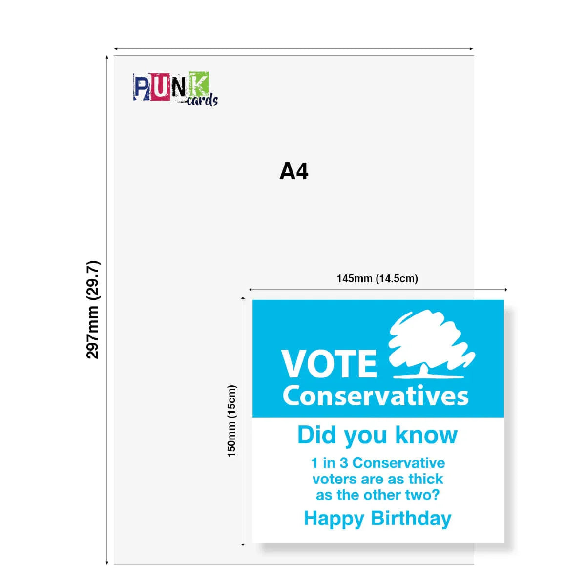 A4 size card with 'Vote Conservatives' message and dimensions