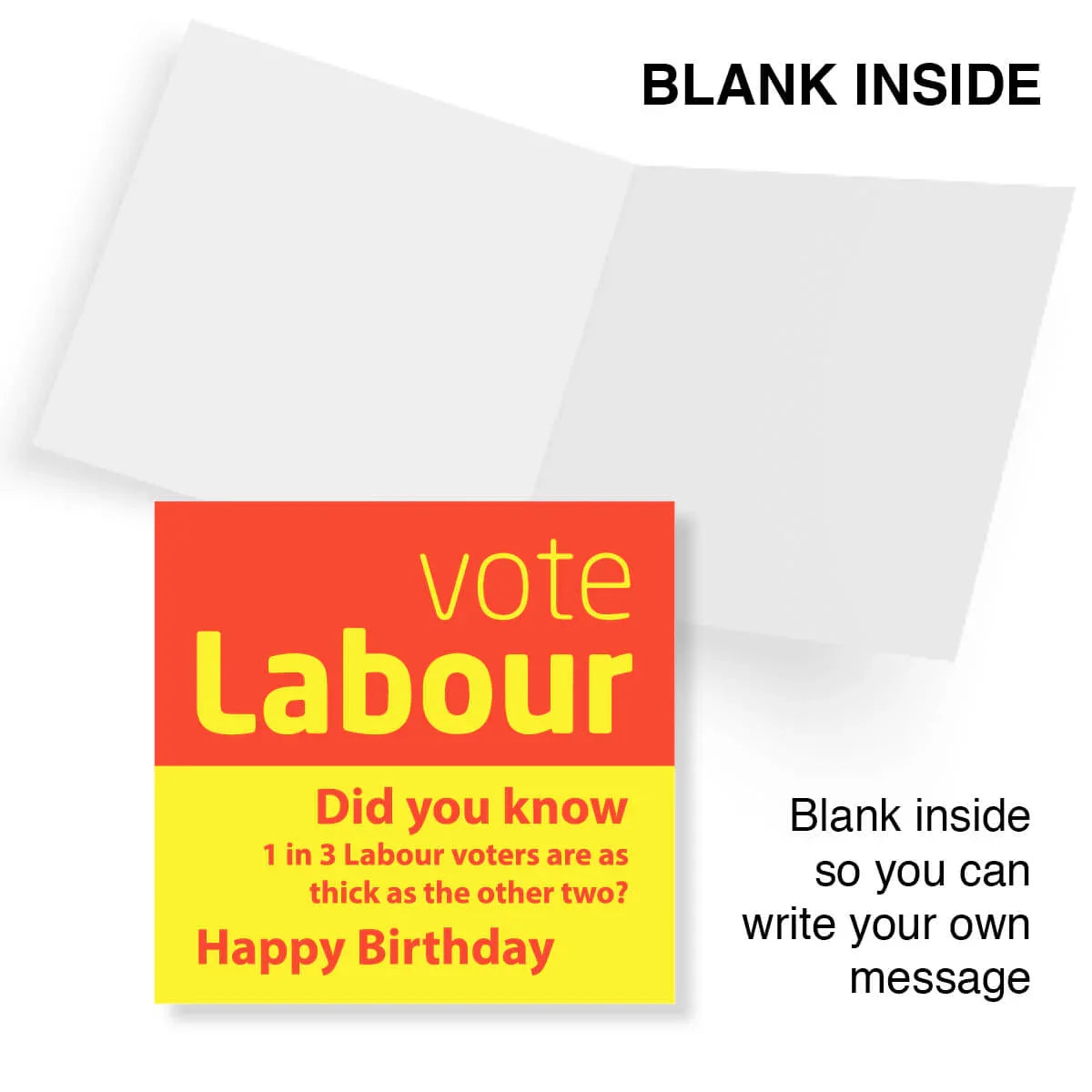 Greeting card with 'vote Labour' message on a red and yellow background