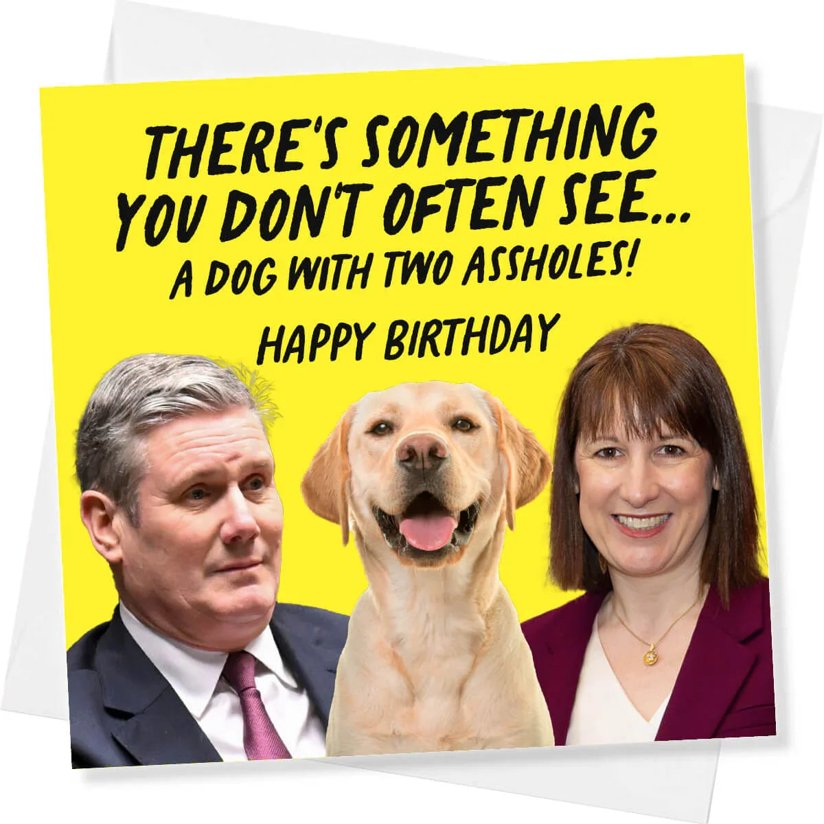 Birthday card with a dog, two people, and humorous text on a yellow background