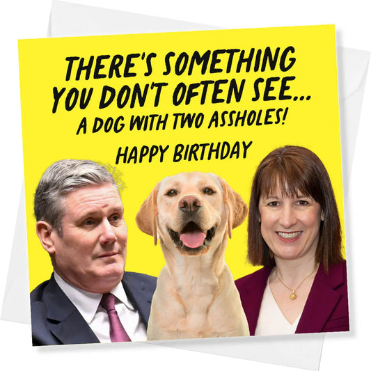Birthday card with a dog, two people, and humorous text on a yellow background