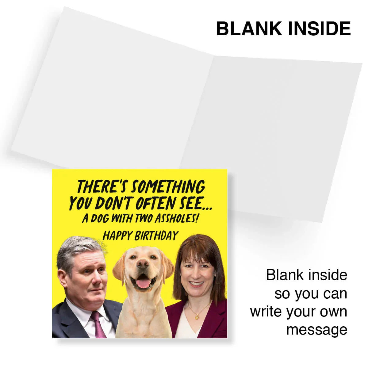 Birthday card with a dog and two people on a yellow background, text indicating a humorous message.
