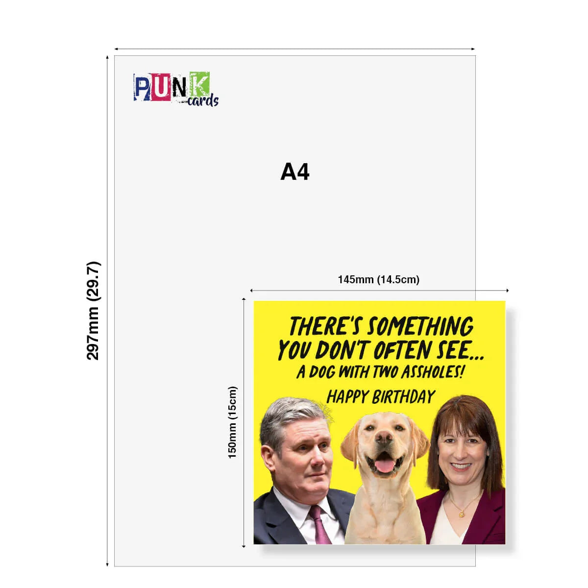 A4 size card with a humorous design featuring two people and a dog, with text on a yellow background.