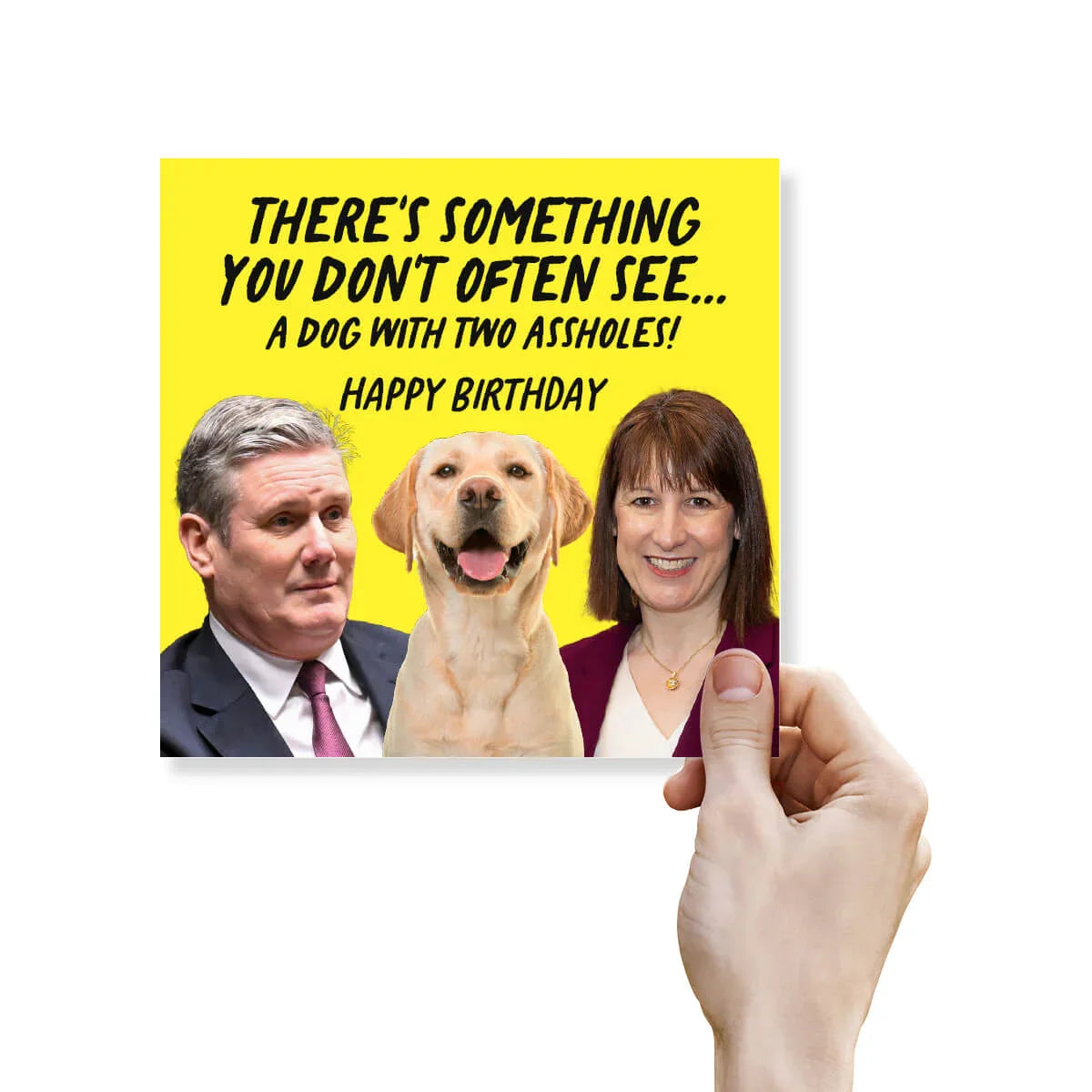 Birthday card with a dog, two people, and humorous text on a yellow background