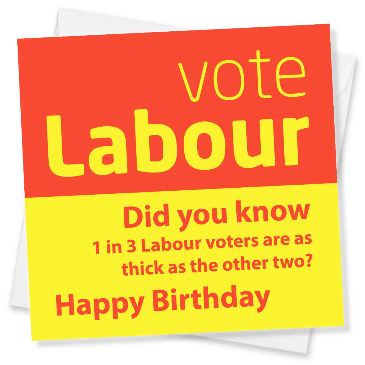 Political-themed birthday card with 'vote Labour' text on a red and yellow background.