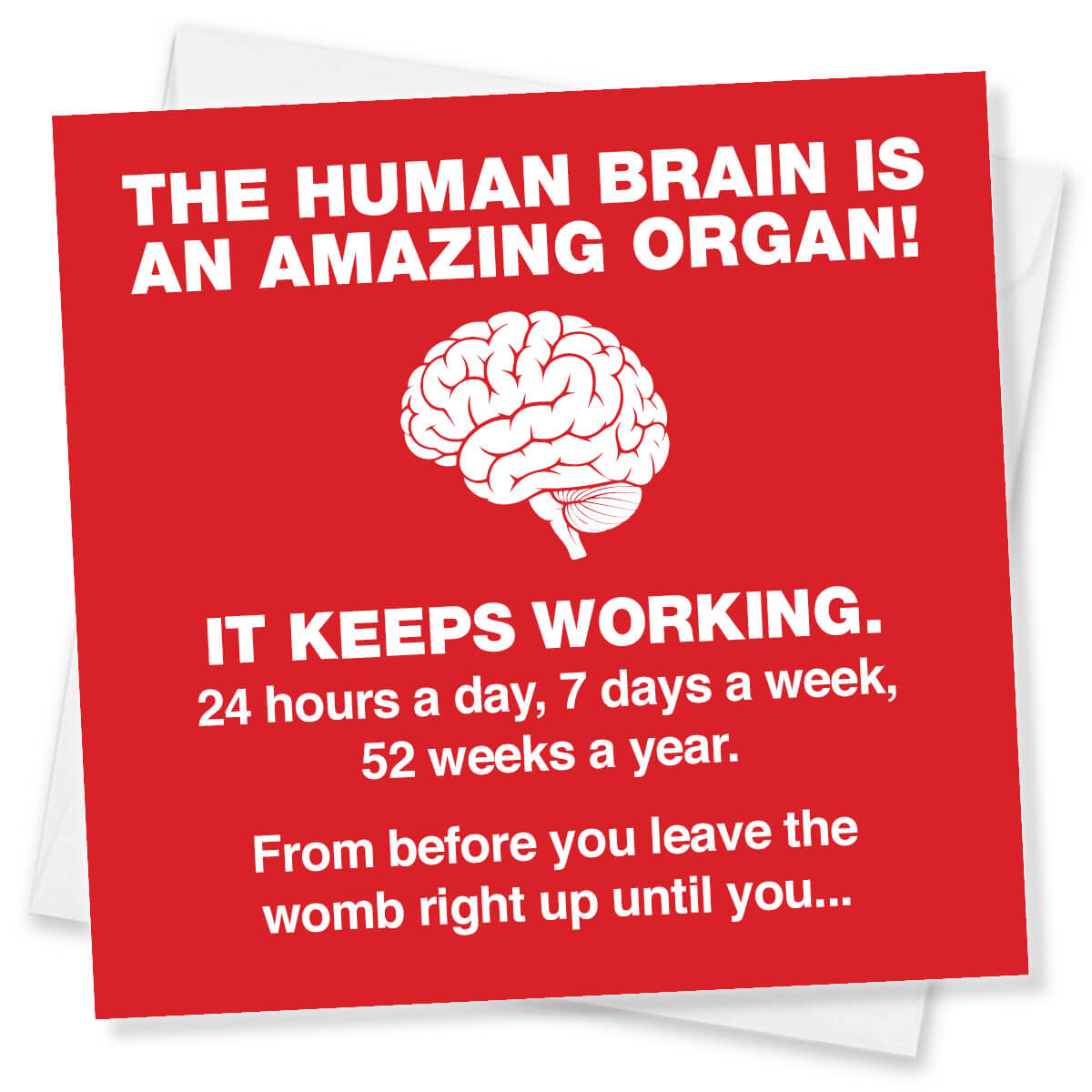 Red Human Brain political Christmas card with white lettering and a brain illustration, shown with a white envelope.
