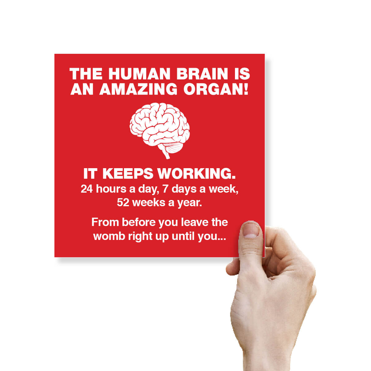Hand holding the red Human Brain political Christmas card to show its scale and front design.