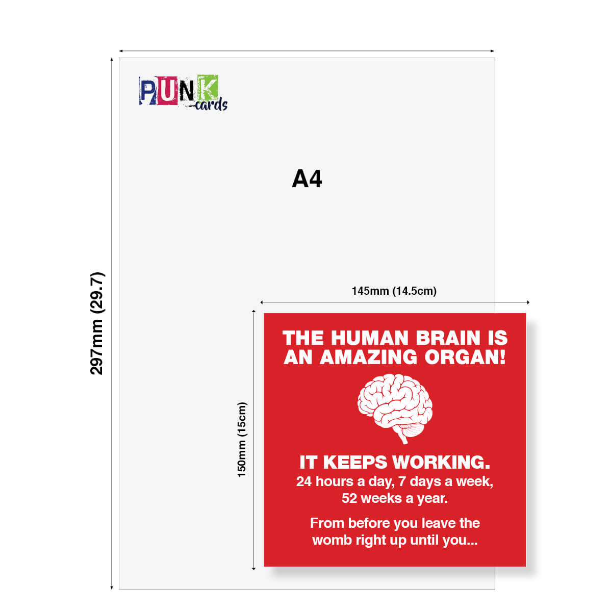 Human Brain Christmas card measuring 150 mm high by 145 mm wide, shown against an A4 sheet for size comparison.