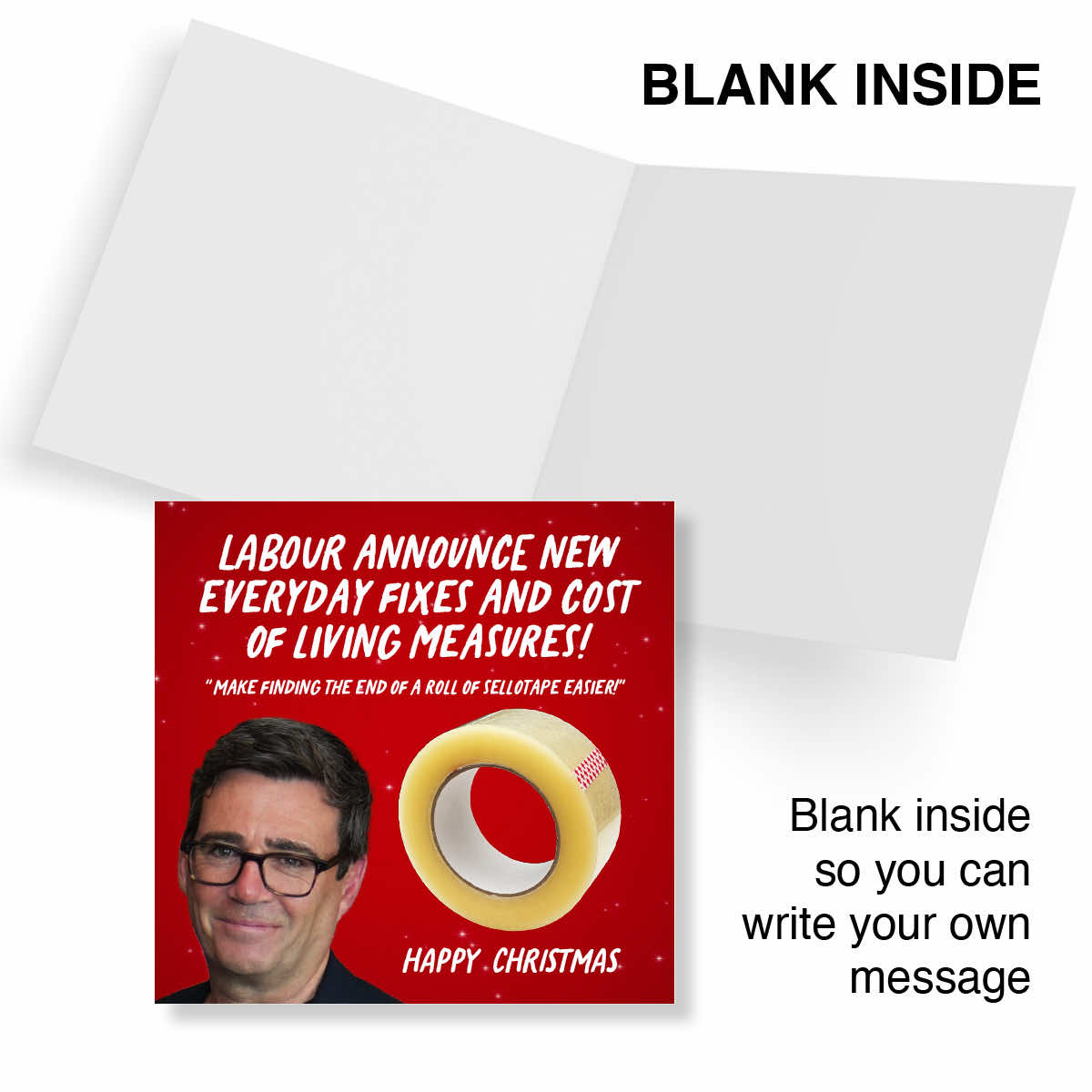 A red Christmas greeting card shown open with a blank white insert, plus text reading 'BLANK INSIDE' and 'Blank inside so you can write your own message.' The card front features a red background, white text, a photo of a man, and a yellow tape graphic.