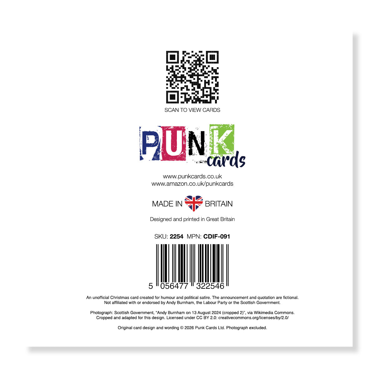 The back of a Punk Cards Christmas card package, featuring a QR code, website URLs, 'Made in Britain' text, SKU details, and a barcode on a white background.