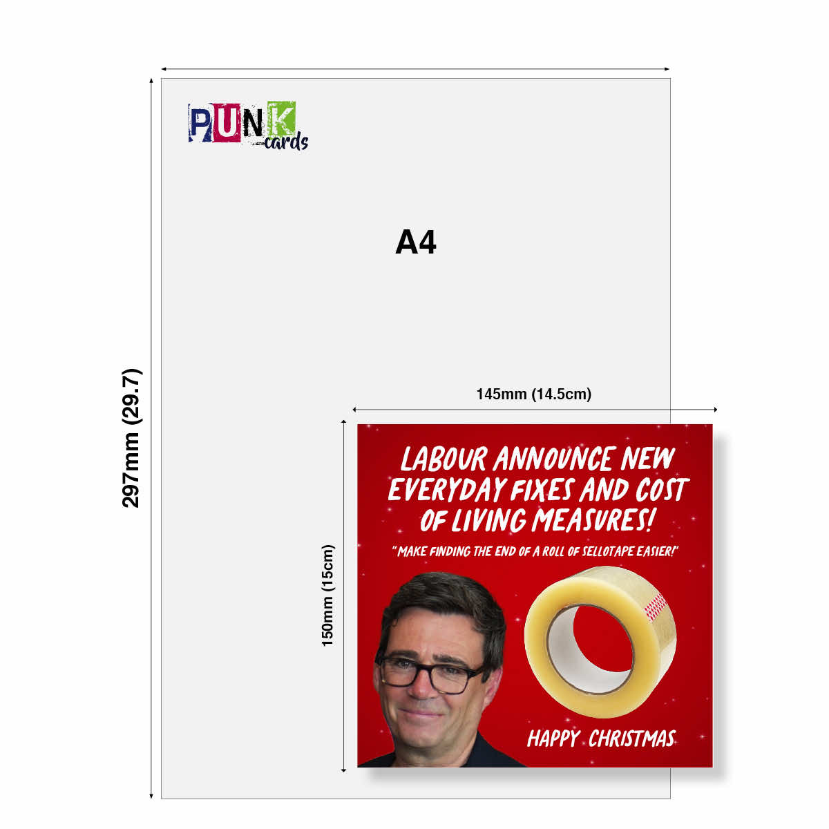 A4-sized printed card template with dimension labels showing 297 mm by 145 mm, featuring a PUNK cards logo at the top and a red Christmas-themed message card design with white text and a photo.