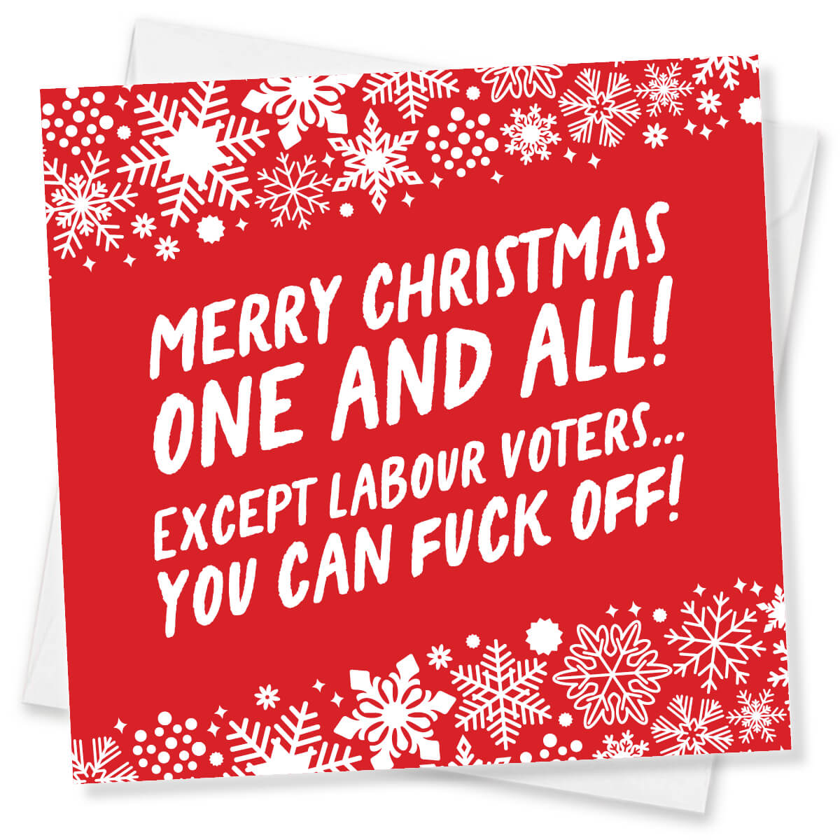 Funny political Christmas cards Red Christmas card with white text and snowflake pattern