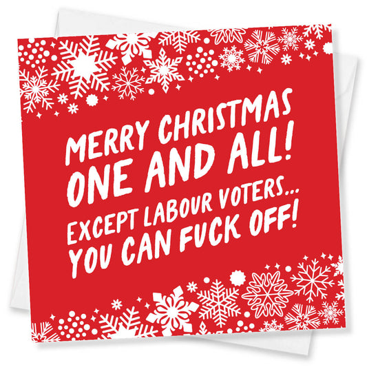 Funny political Christmas cards Red Christmas card with white text and snowflake pattern