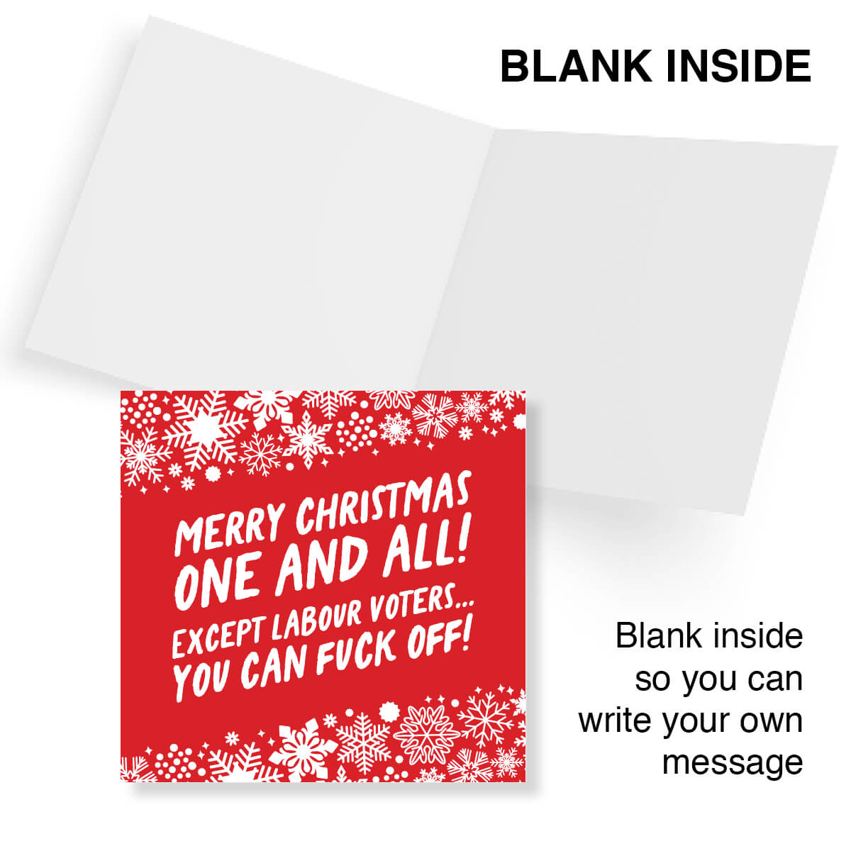 Red Christmas card with white text and snowflakes on a white background