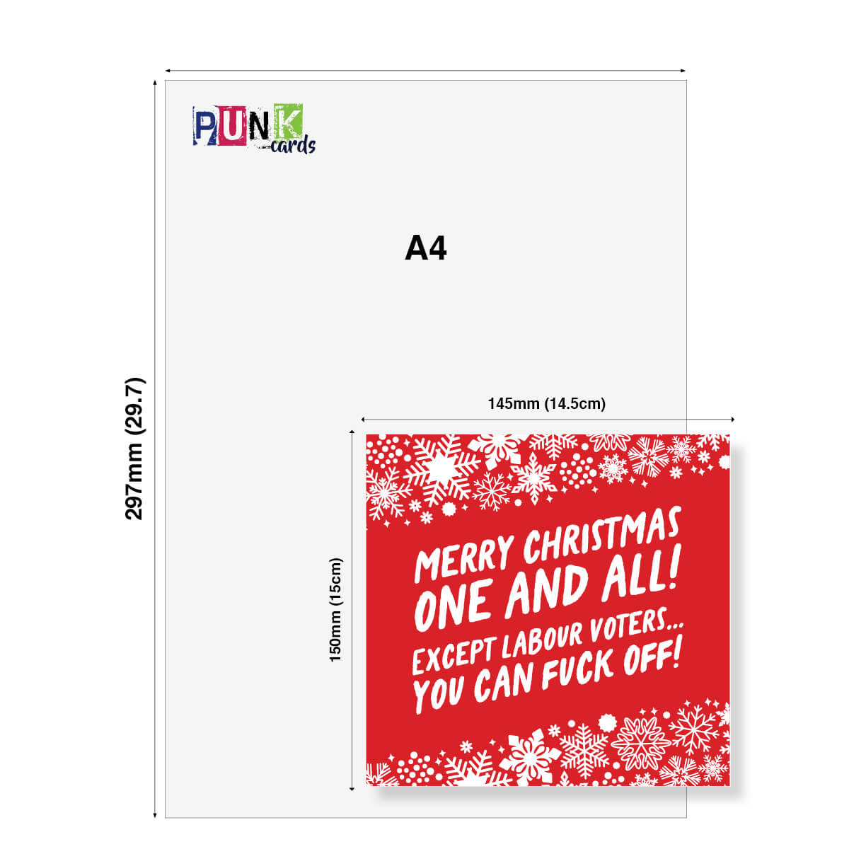 A4 size card with a red design and text, featuring the brand 'Punk Cards'.
