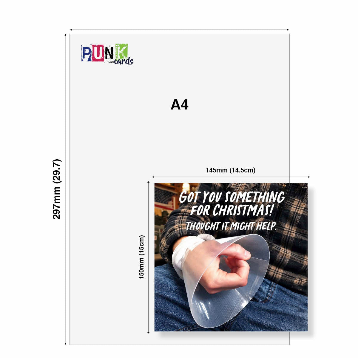A4 size card mockup with dimension labels showing 297mm by 145mm, featuring the PUNK cards logo and a sample humorous Christmas-themed printed design with a hand wearing a clear plastic cone.
