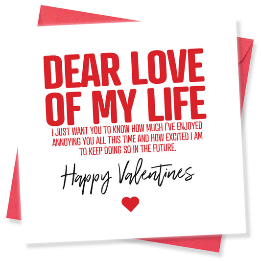 Funny Valentine’s Day Card – Dear Love Of My Life I Just Want You To Know How Much I’ve Enjoyed Annoying You All This Time And How Excited I Am To Keep Doing So In The Future.