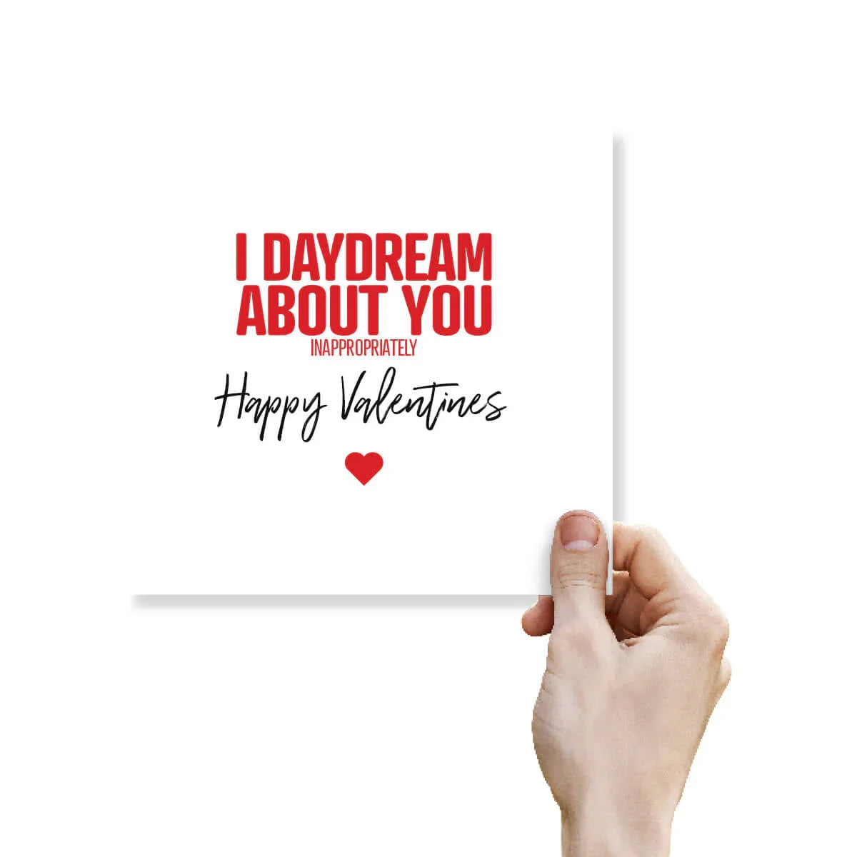 Funny Valentine's Day card with red and black text, held by a hand, featuring a heart icon.