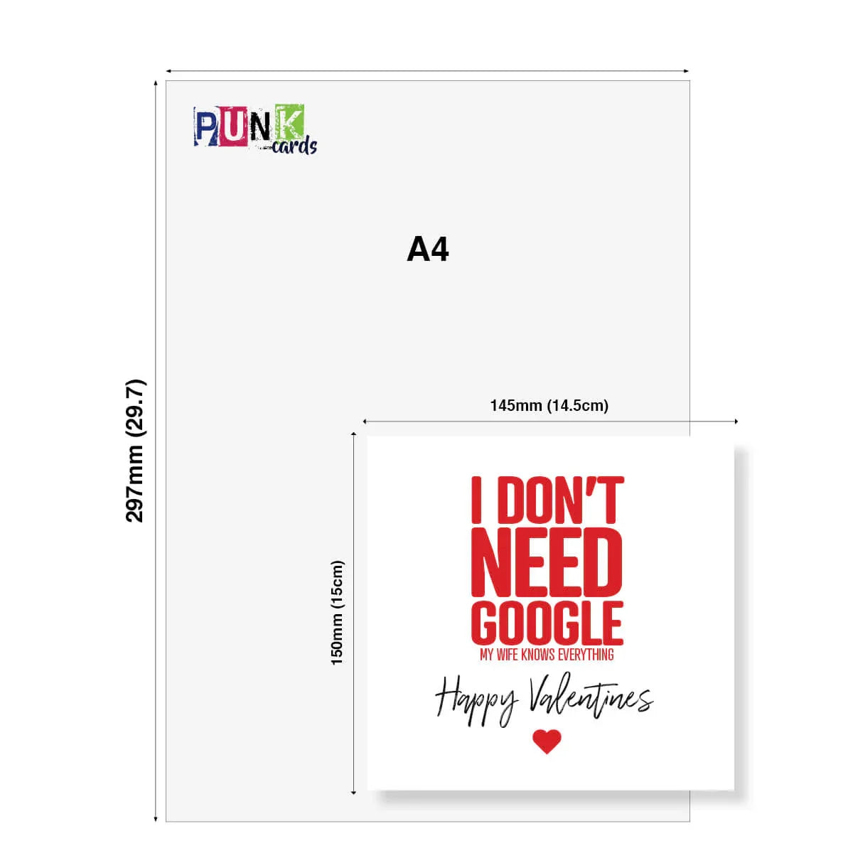 Funny Valentine’s Day card with red text saying 'I don't need Google, my wife knows everything' and card size comparison to A4.