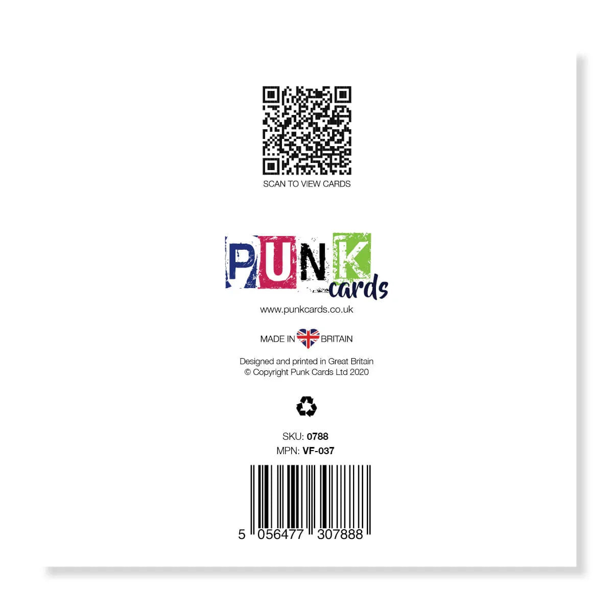 Back of a funny greeting card with QR code, colorful logo, barcode, and made in Britain text.