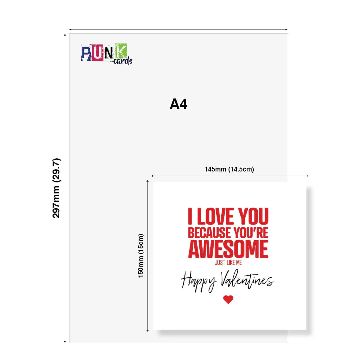 Funny Valentine's Day card with red text 'I love you because you're awesome just like me', card size 15x14.5cm