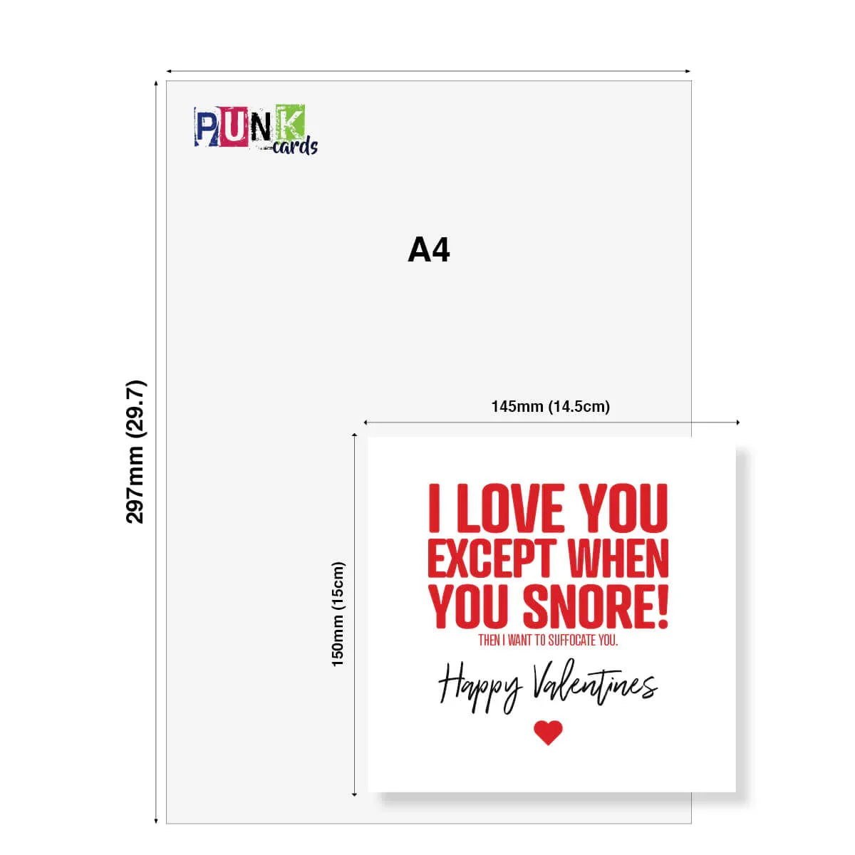 Funny rude Valentine's Day card with bold red and black text joke, shown next to A4 size guide.