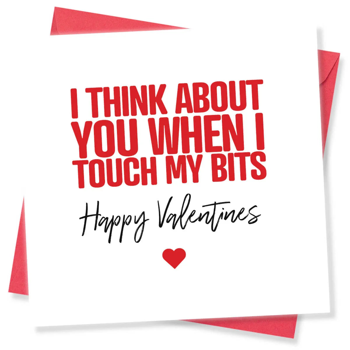 Funny Valentine's Day card with bold red text and cheeky message, pink envelope visible.