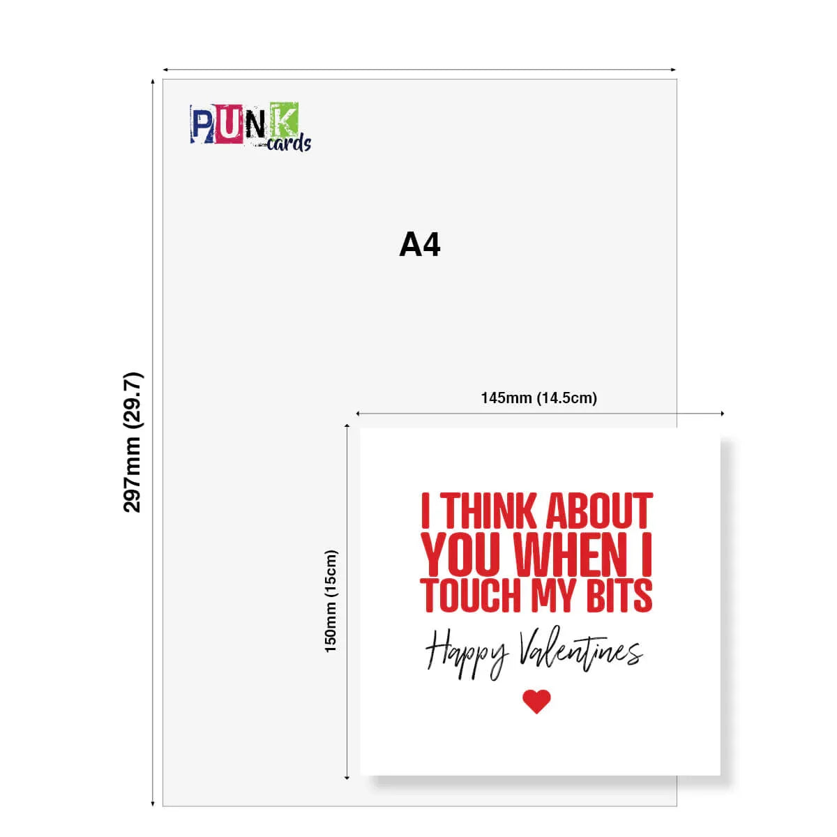 Funny cheeky Valentine’s Day card with red text and a playful message, card size shown.