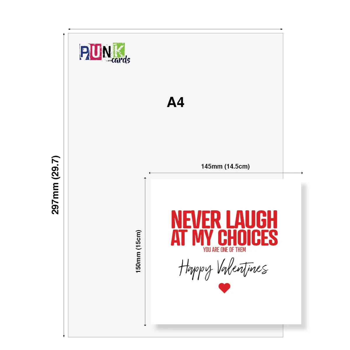 Funny Valentine’s Day card with bold red and black text, heart graphic, card size shown.