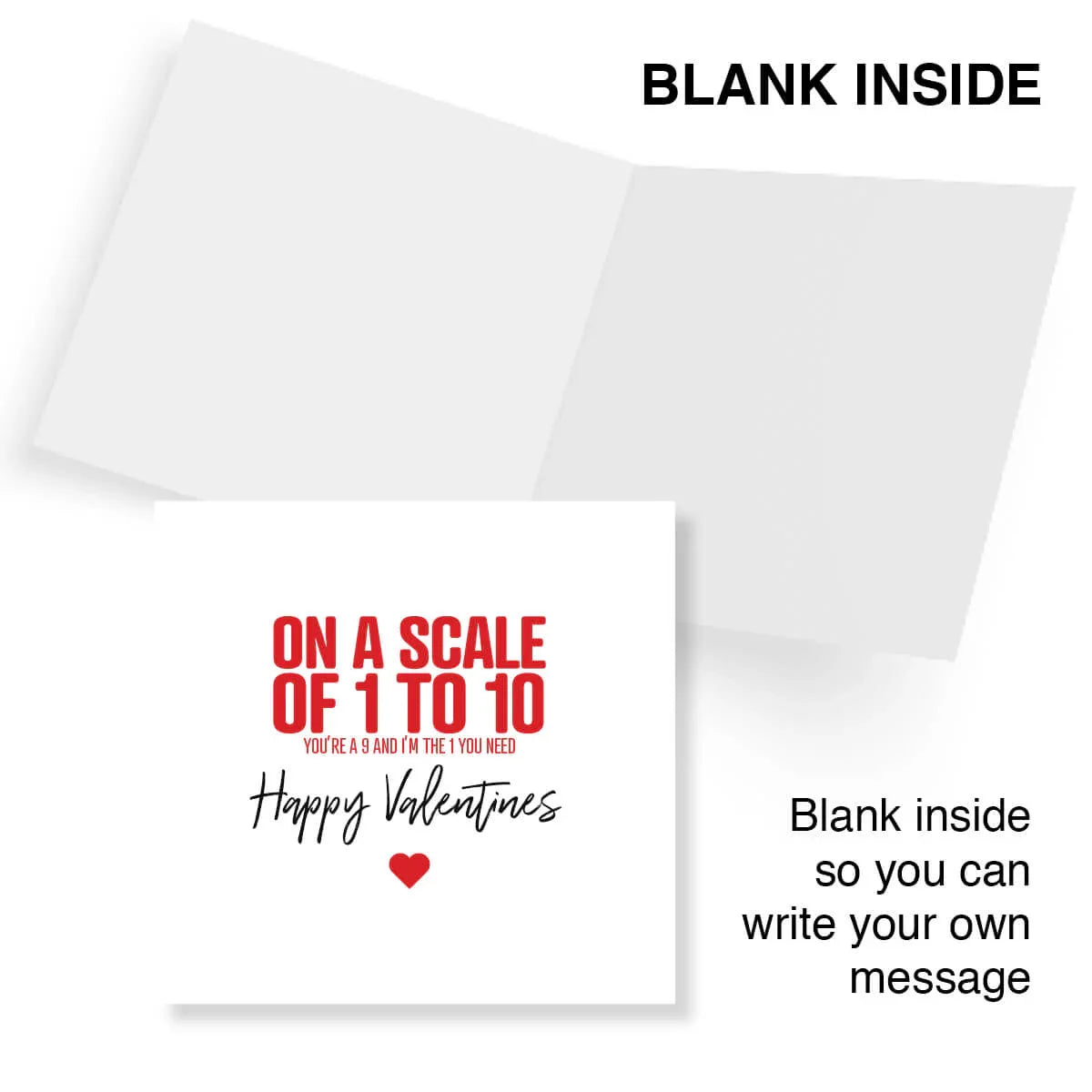 Funny Valentine's Day card with red and black text, blank inside for custom message