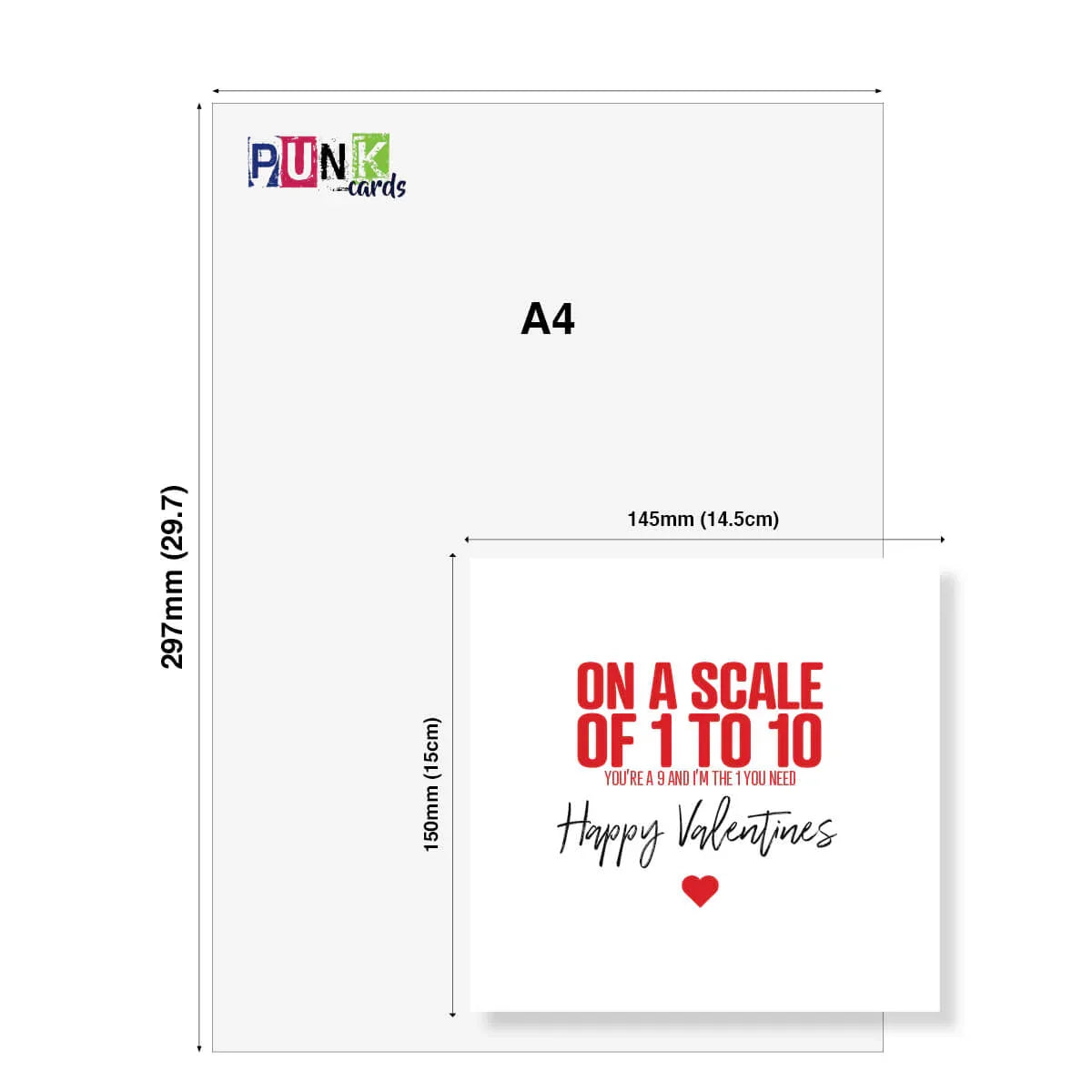 Funny Valentine's Day card with red and black text, heart graphic, and card size comparison to A4.