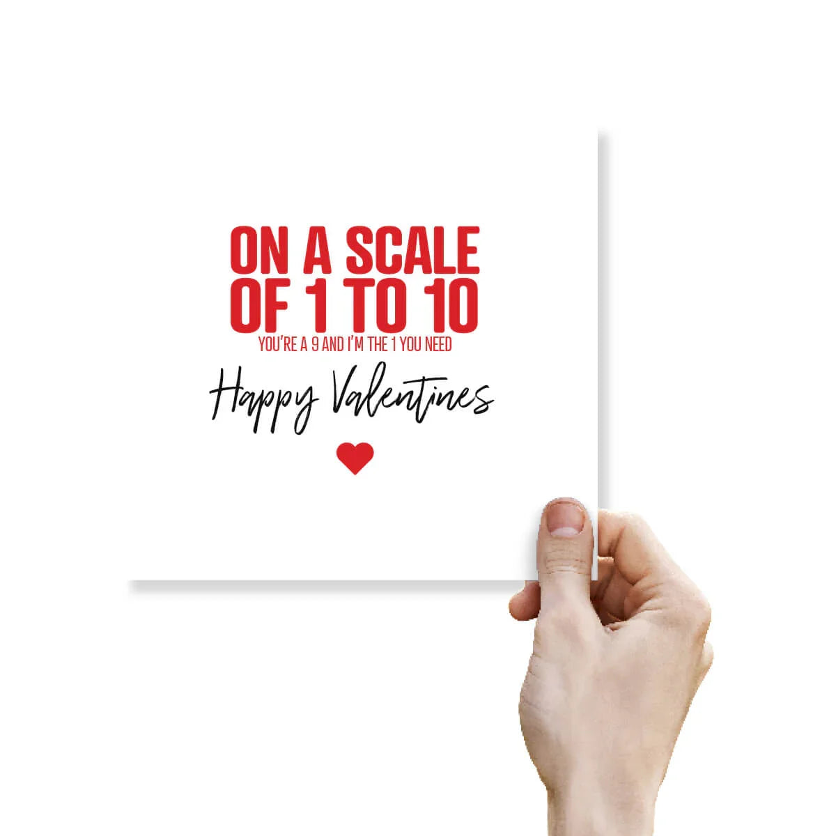 Funny Valentine's Day card with red heart and playful message held by a hand