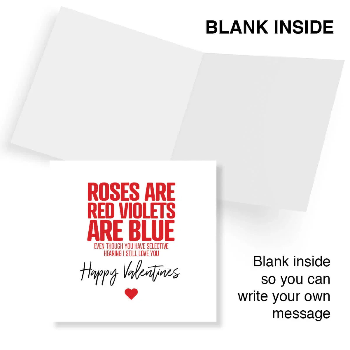 Funny Valentine’s Day card with red and black text, blank inside for personal message.