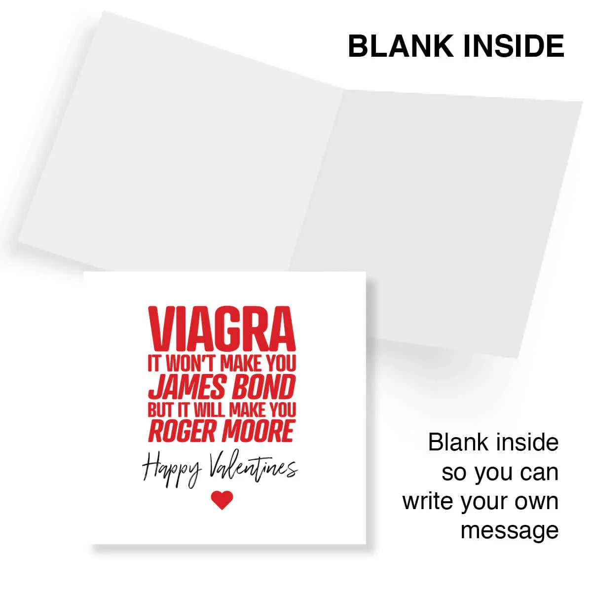 Funny Valentine’s Day card with bold red and black text, blank inside for your message.