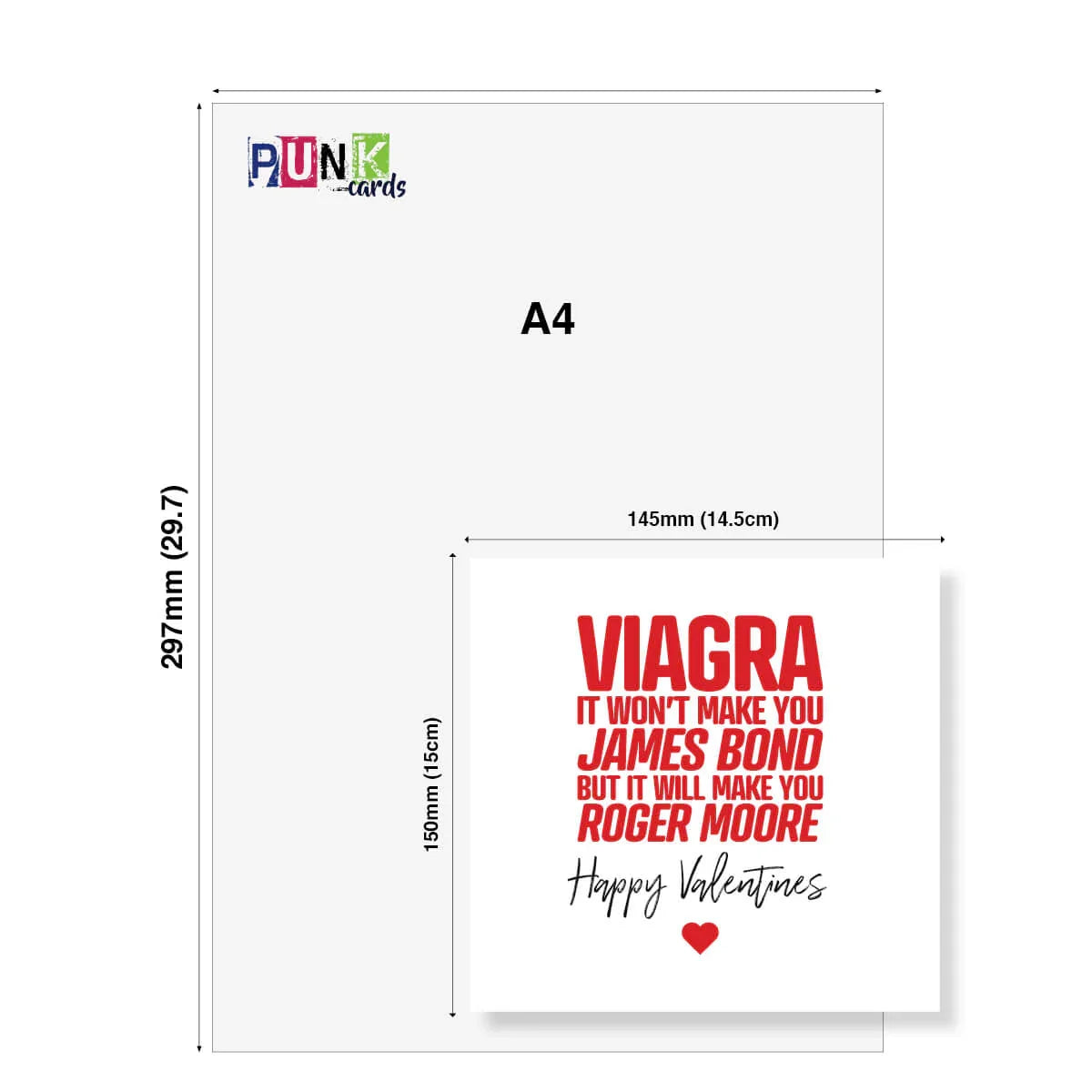 Funny Valentine’s Day card with bold red text, cheeky message, and card size comparison to A4.