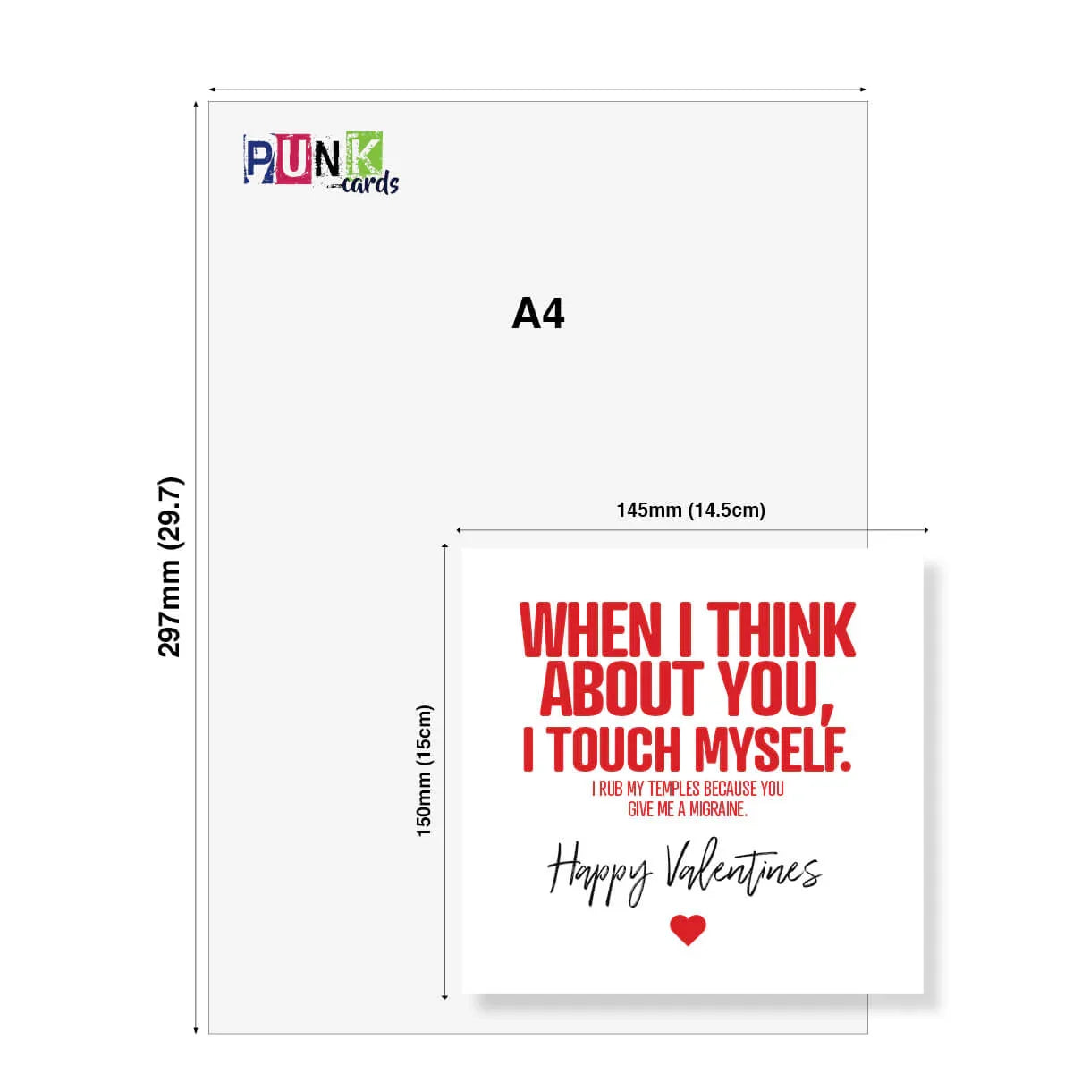 Funny Valentine's Day card with bold red text reading 'When I think about you, I touch myself,' card size shown against an A4 sheet.