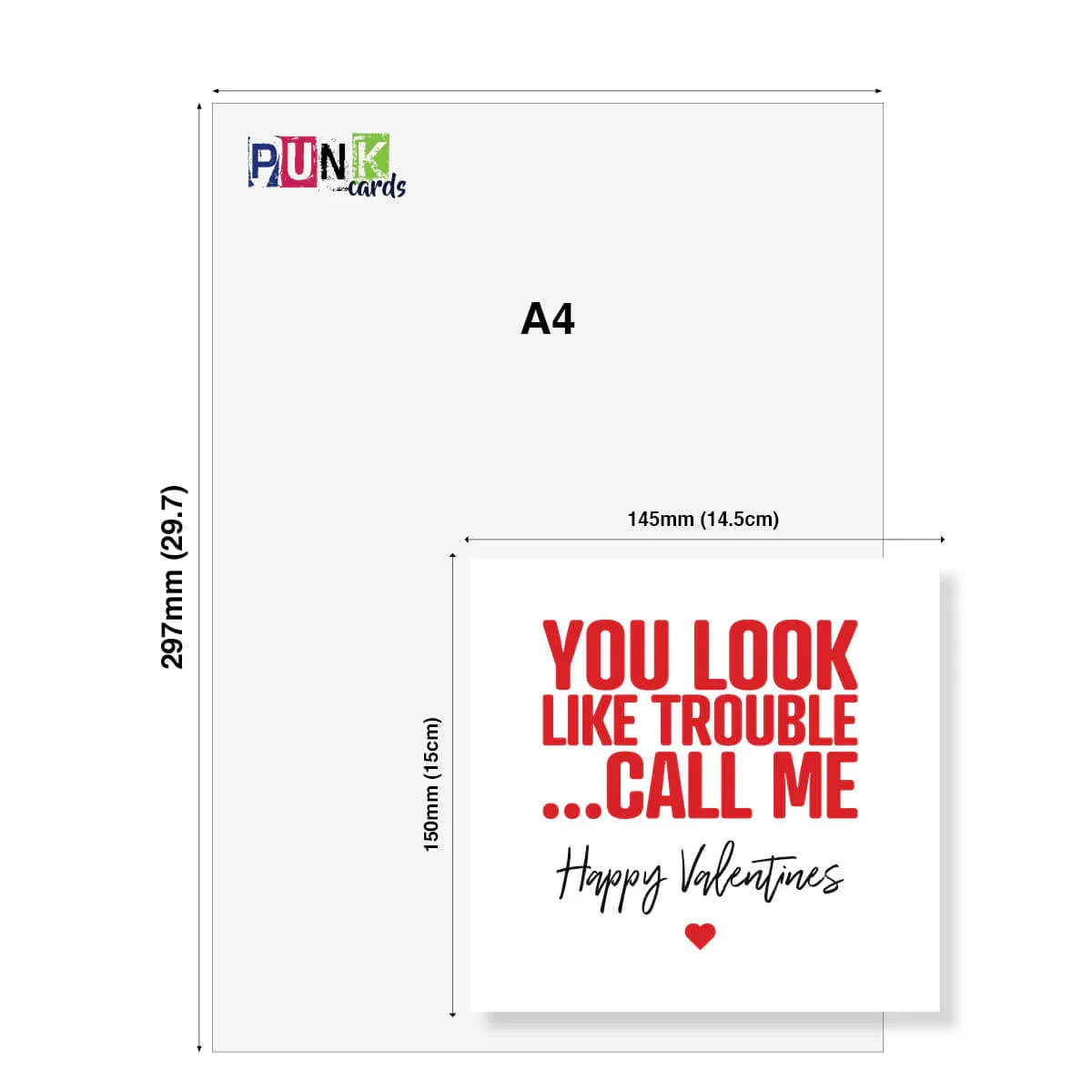 Funny Valentine's Day card with bold red text saying 'You look like trouble... call me' and card size displayed.
