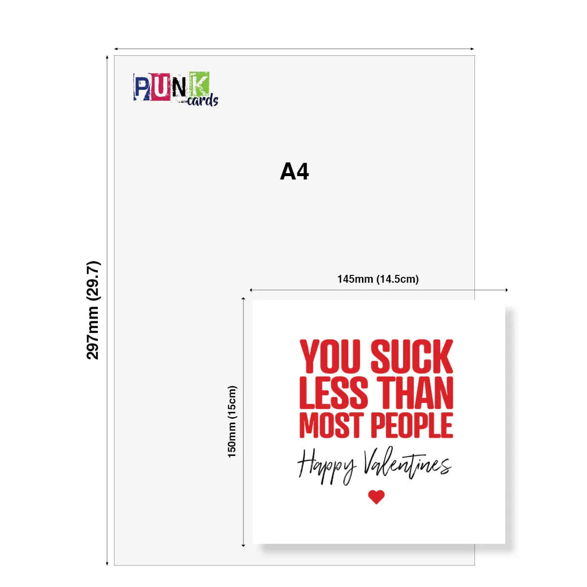 Funny Valentine's Day card with red text reading 'You suck less than most people, Happy Valentines', shown with size comparison to A4 paper.